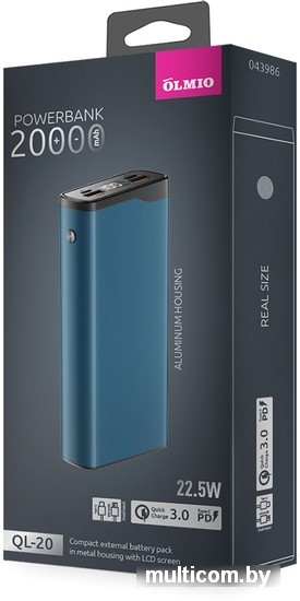 Внешний аккумулятор Olmio QL-20 20000mAh (голубой)